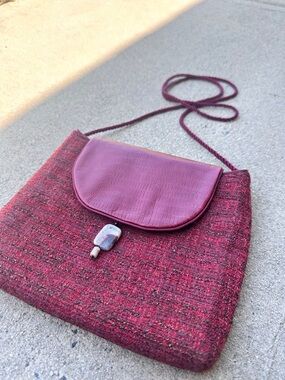 Burgundy Tweed Crossbody Bag with Faux Leather Flap and Stone Detailing